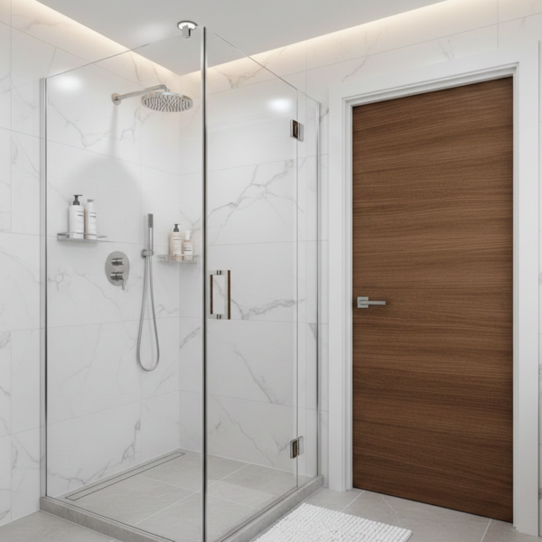 Eckdusche mit fixem Seitenteil neben der Tür